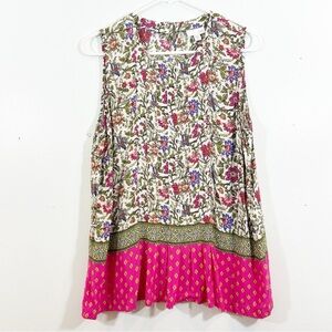 J. Jill Pink and White Floral Sleeveless Pleated Tank Top Blouse